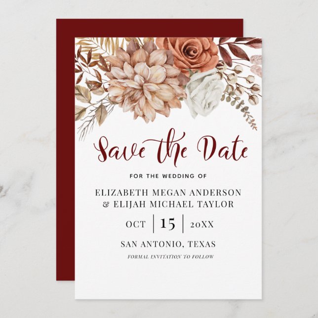 Burgundy Fall Boho Floral Save the Date Invitation (Front/Back)