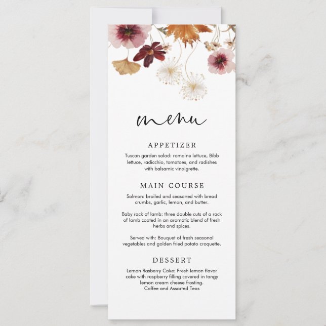 Burgundy Fall Boho Floral Wedding Menu Card (Front)