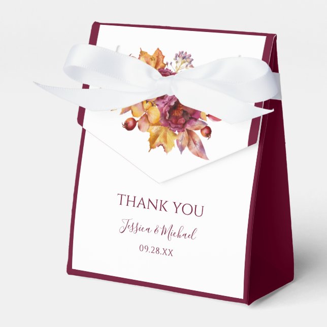 Burgundy Fall Bouquet Leaves Elegant Wedding Favor Box (Front Side)