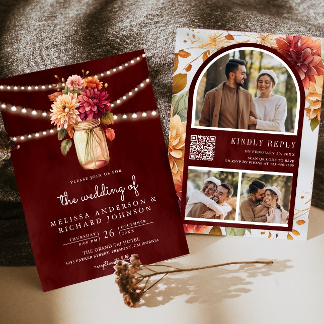 Burgundy Fall Dahlia Mason Jar QR Code Wedding Invitation (Creator Uploaded)