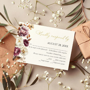 Burgundy Fall Floral Autumn Quinceanera RSVP Cards