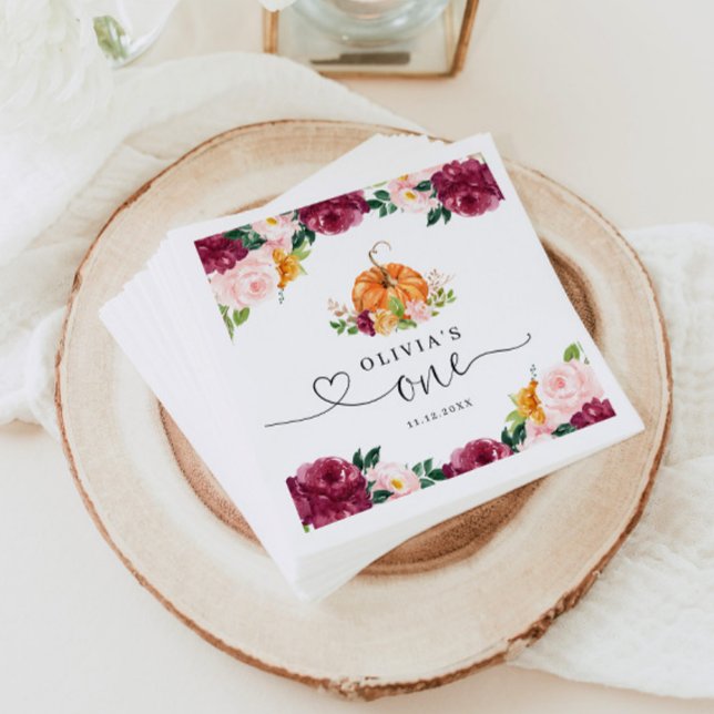 Burgundy fall floral Little pumpkin 1st birthday Napkin (Creator Uploaded)