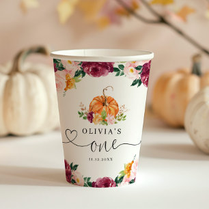 Burgundy fall floral Little pumpkin 1st birthday Paper Cups