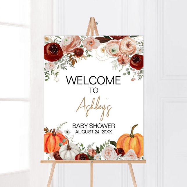 Burgundy Fall Floral Pumpkin Welcome Poster (Fall Floral Pumpkin Baby Shower Welcome Sign)