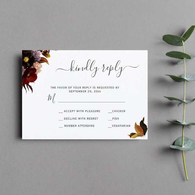 Burgundy fall floral rustic chic wedding RSVP card (Creator Uploaded)