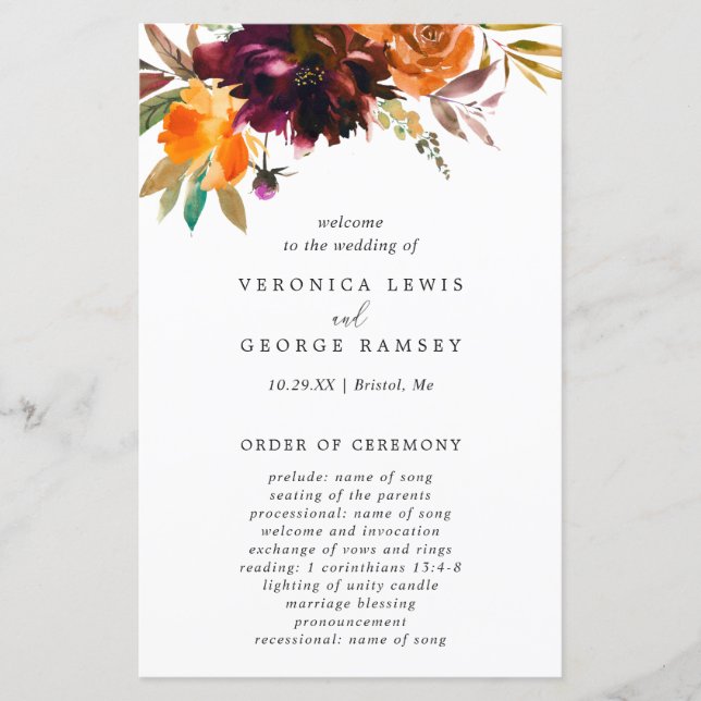 Burgundy Fall Floral Rustic Wedding Program (Front)
