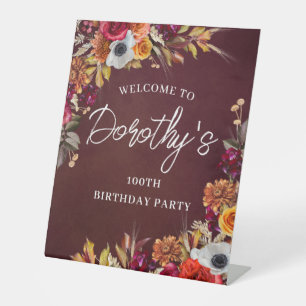 Burgundy Fall Flowers 100th Birthday Party Welcome Pedestal Sign