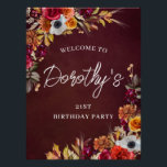 Burgundy Fall Flowers 21st Birthday Party Welcome Poster<br><div class="desc">Beautiful fall flowers decorate two corners of this birthday party welcome sign. Red roses,  terracotta flowers and white peonies blend with deep green leaves and foliage. The flowers and white modern script pop against the burgundy red background. This item is part of the Burgundy Fall Flowers collection.</div>
