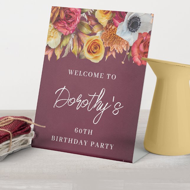 Burgundy Fall Flowers 60th Birthday Party Welcome Pedestal Sign (Matching items available. Message me for help finding them!)