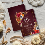 Burgundy Fall Flowers Elegant Script 90th Birthday Invitation<br><div class="desc">Beautiful fall flowers decorate two corners of a gold frame. Red roses,  terracotta flowers and white peonies blend with green leaves and foliage. The flowers and white modern script pop against the burgundy red background. This item is part of the Burgundy Fall Flowers collection.</div>