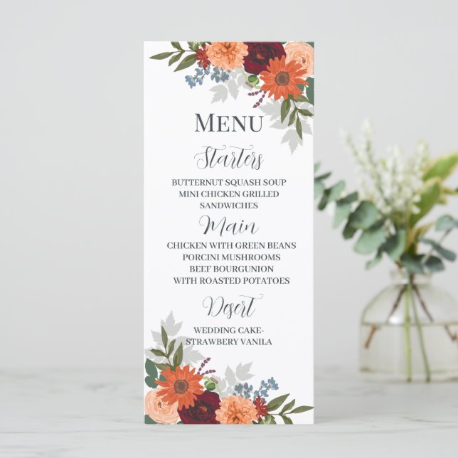 Burgundy Fall Garden Floral Wedding  Menu (Standing Front)