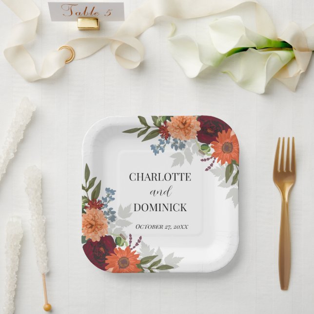Burgundy Fall Garden Floral Wedding Paper Plate (Wedding)
