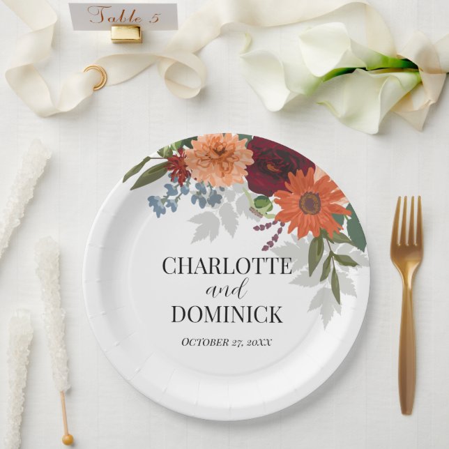 Burgundy Fall Garden Floral Wedding Paper Plate (Wedding)