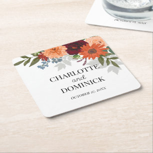  Burgundy Fall Garden Floral Wedding     Square Paper Coaster