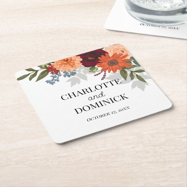  Burgundy Fall Garden Floral Wedding     Square Paper Coaster (Angled)