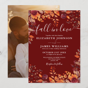 Burgundy Fall In Love Autumn Floral Photo Wedding Invitation