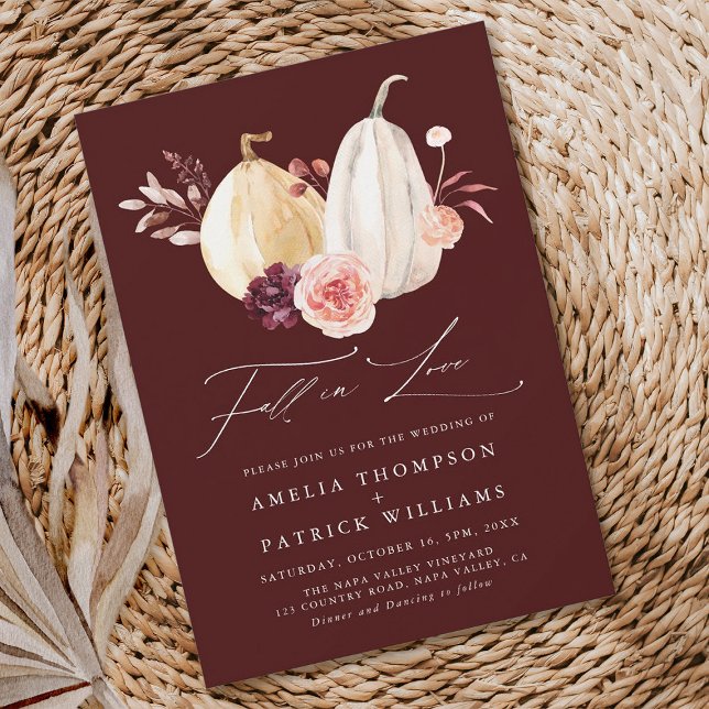 Burgundy Fall in Love Pumpkin Autumn Wedding Invitation (Creator Uploaded)