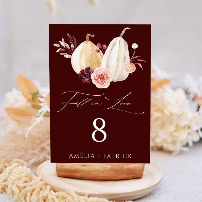 Burgundy Fall in Love Pumpkin Autumn Wedding  Table Number (Creator Uploaded)