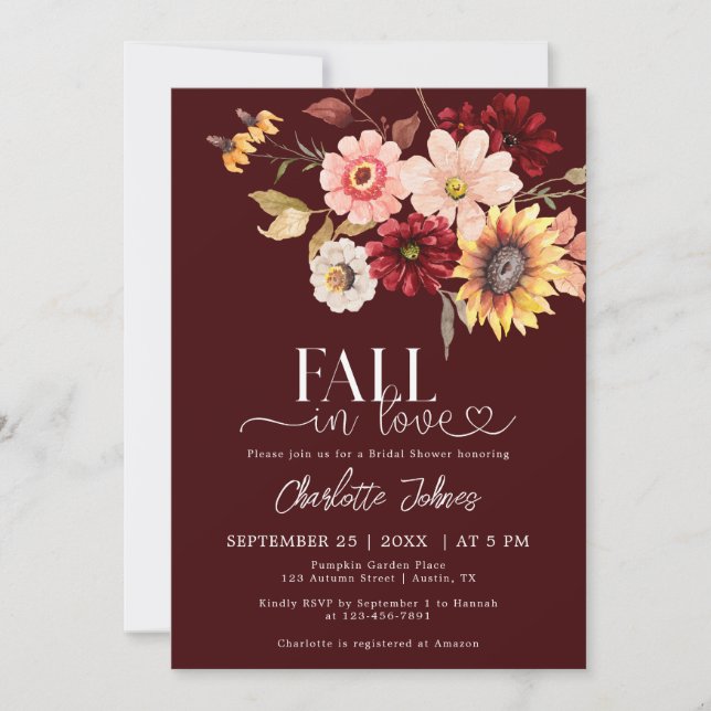 Burgundy Fall In Love Sunflowers Bridal Shower Invitation (Front)