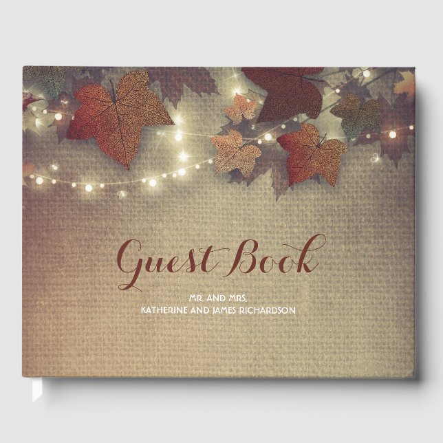 Burgundy Fall Leaves and String Lights Rustic Guest Book (Front)