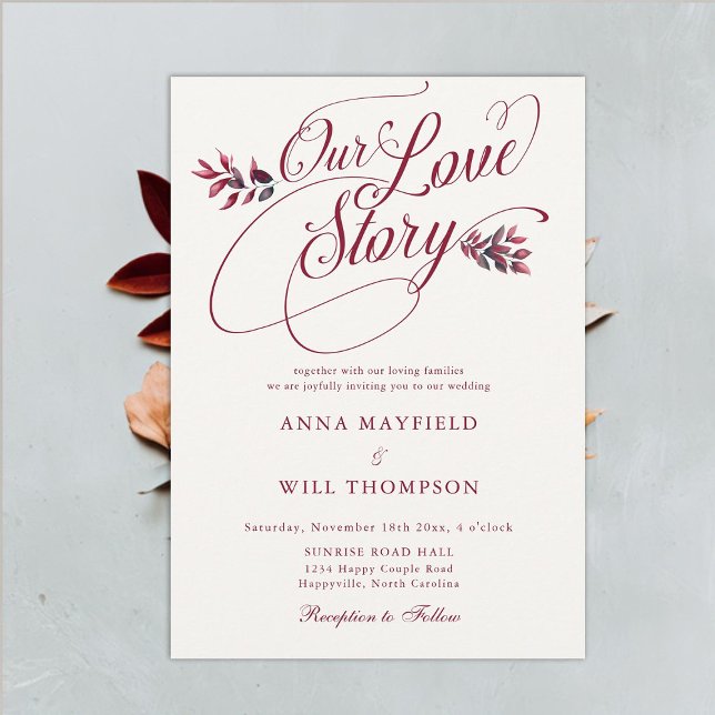 Burgundy Fall Love Story Romantic Elegant Wedding Invitation (burgundy fall leaves wedding invitation elegant rustic boho modern classic formal romantic simple)