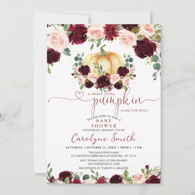 Burgundy Fall Pumpkin Baby Shower Invitation (Front)