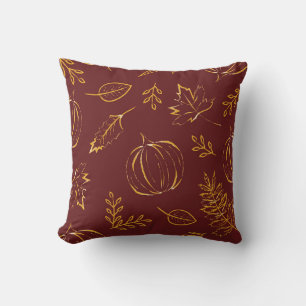Burgundy Fall Pumpkins & Leaves Pattern Throw Pillow