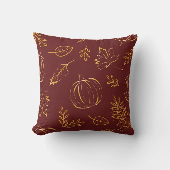 Burgundy Fall Pumpkins & Leaves Pattern Throw Pillow (Front)