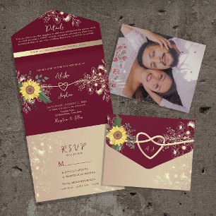 Burgundy Fall Sunflower Wedding All In One Invitation