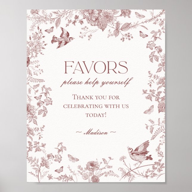 Burgundy Fall Toile De Jouy Floral Favours Sign (Front)