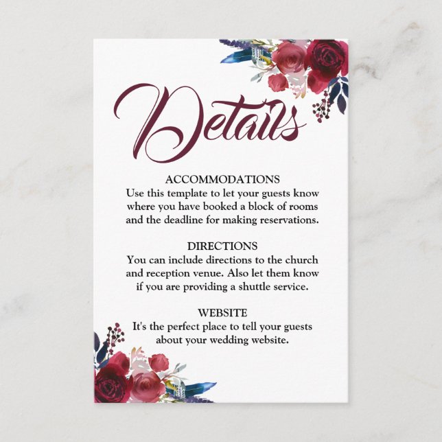 Burgundy Fall Watercolor Floral Details Card (Front)