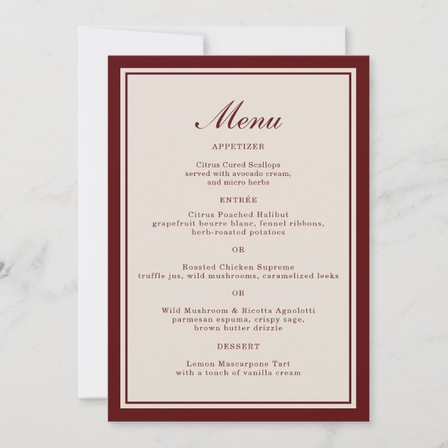 Burgundy Fall Wedding Menu Card (Front)