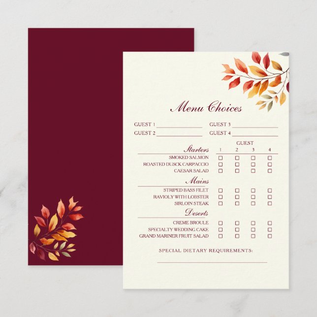 Burgundy Fall Wedding Menu Choice Card (Front/Back)