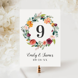 Burgundy Fall Wreath Dark Table Number Card