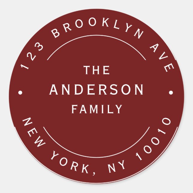 Burgundy Family Name Round Return Address Label (Front)