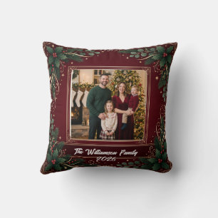 Burgundy Family Photo Christmas Throw Pillow