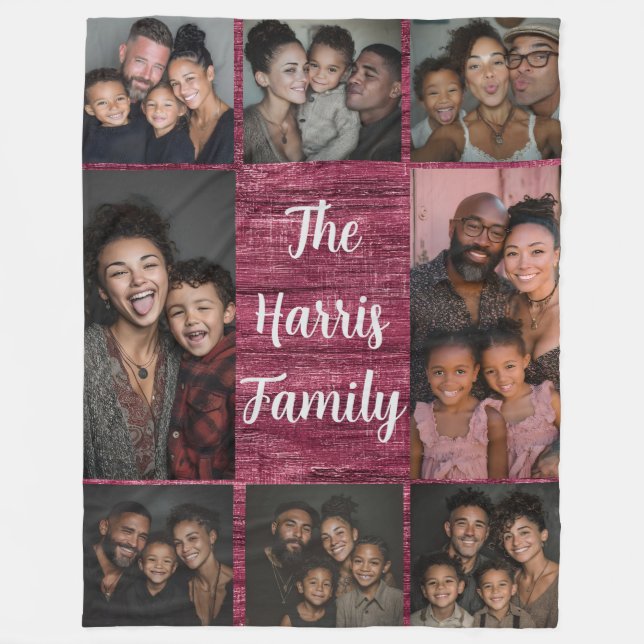 Burgundy Family Photo Collage Fleece Blanket (Front)
