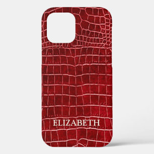 Burgundy Faux Crocodile Leather Personalized Name iPhone 12 Case