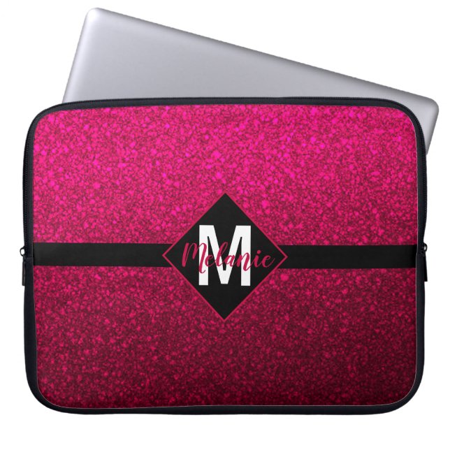 Burgundy Faux Glitter with Monogram Laptop Sleeve (Front)