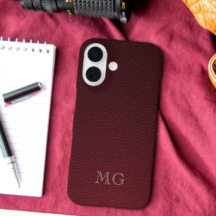 Burgundy Faux Leather and Gold Monogram Initials iPhone 16 Case