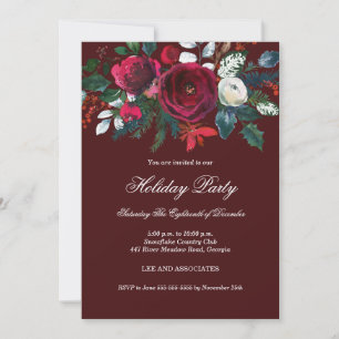 Burgundy Festive Floral Christmas Party  Invitation