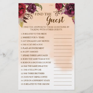 Burgundy Find the Guest Bridal Shower Game Card