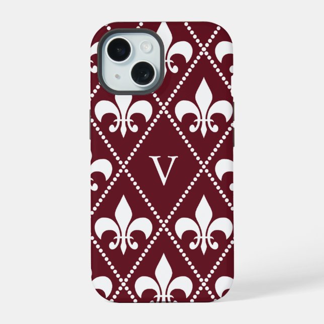 Burgundy Fleur de Lis w/ monogram iPhone 15 Case (Back)
