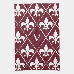 Burgundy Fleur de Lis with monogram initial Kitchen Towel
