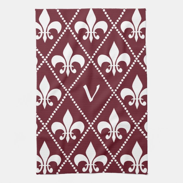 Burgundy Fleur de Lis with monogram initial Kitchen Towel (Vertical)