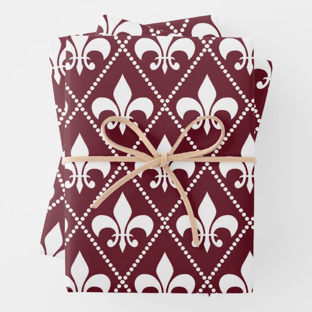 Burgundy Fleur de Lis Wrapping Paper Sheet (In situ)