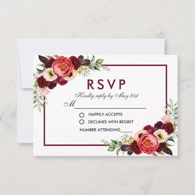 Burgundy Fleurs Aquarelle Boho Mariage RSVP (Devant)