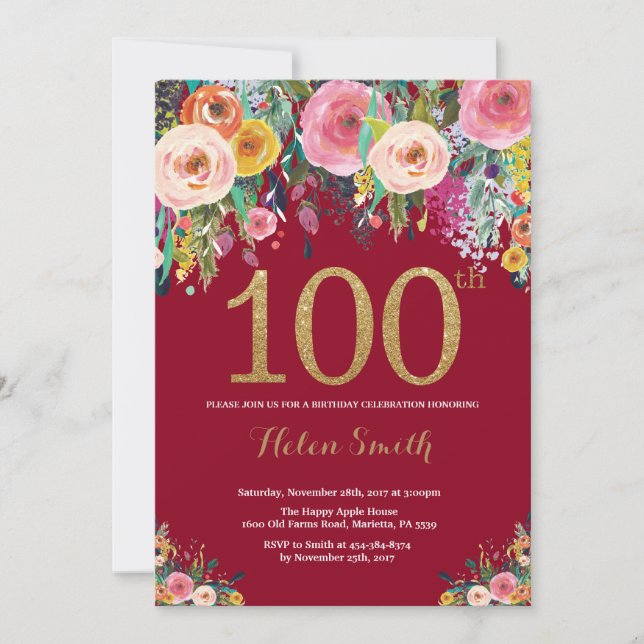 Burgundy Floral 100th Birthday Invitation Gold (Front)