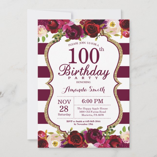 Burgundy Floral 100th Birthday Party Invitation (Front)