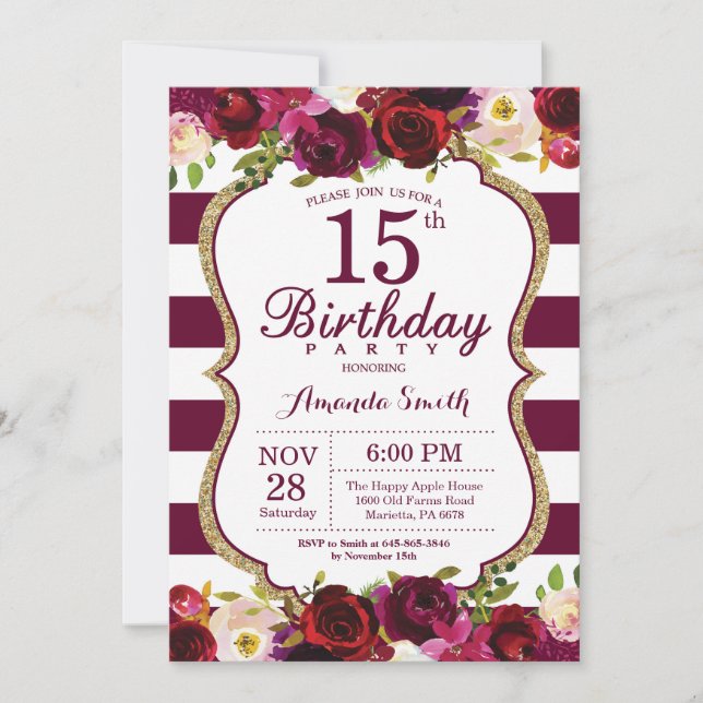 Burgundy Floral 15th Birthday Party Invitation (Front)